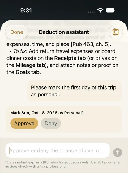 The deduction assistant asking to approve marking a trip day as personal