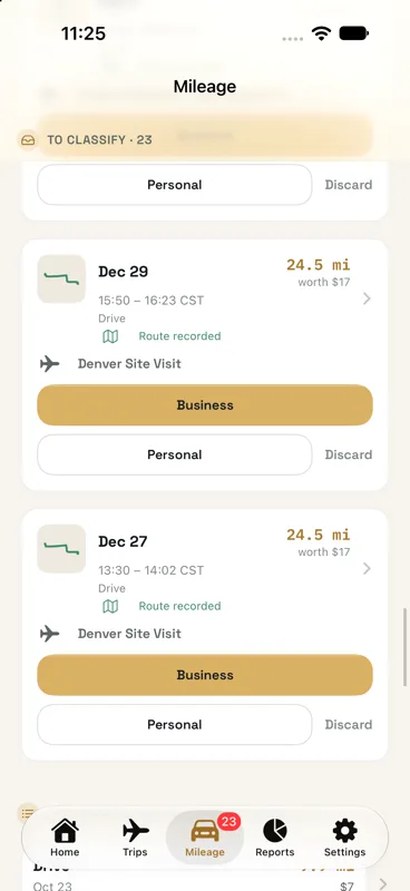 The mileage log listing recorded drives to classify as business or personal