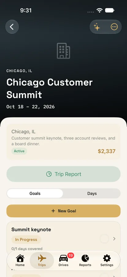 A trip in the app: Chicago Customer Summit, with goals, days and a Trip Report button